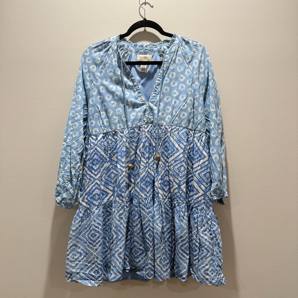 Jessica Simpson Blue Patterned Long Sleeve Dress